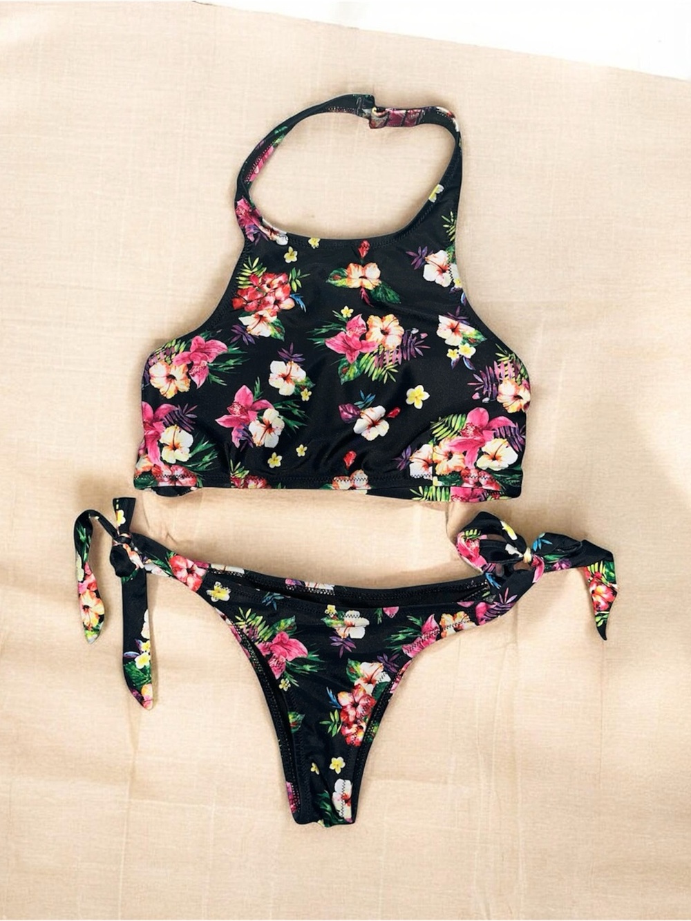 Floral High-Neck Tie-Side Bikini Set - Black with Pink & Green Floral
